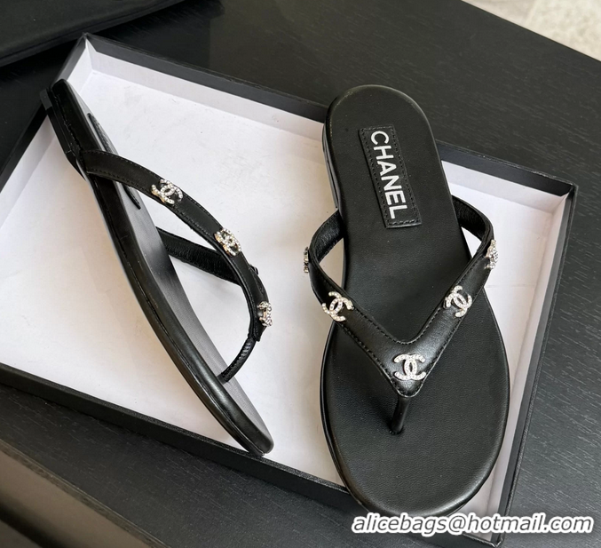 Best Chanel CC Logo Black Leather Flat Thong Sandals 6052208
