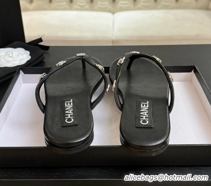 Best Chanel CC Logo Black Leather Flat Thong Sandals 6052208