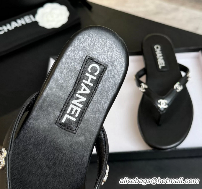 Best Chanel CC Logo Black Leather Flat Thong Sandals 6052208