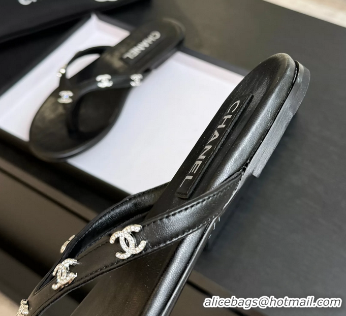 Best Chanel CC Logo Black Leather Flat Thong Sandals 6052208