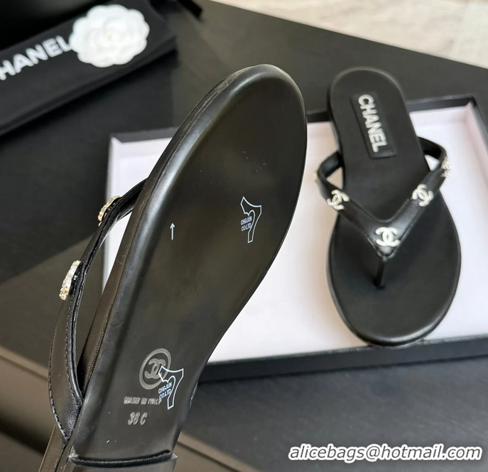 Best Chanel CC Logo Black Leather Flat Thong Sandals 6052208