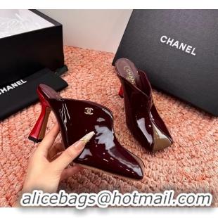 Buy Discount Chanel CC Burgundy Brown Patent Leather High Heeled Mules 6052401