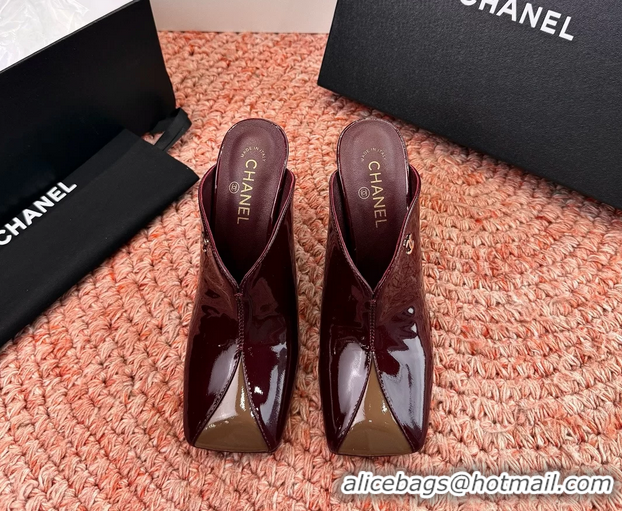 Buy Discount Chanel CC Burgundy Brown Patent Leather High Heeled Mules 6052401