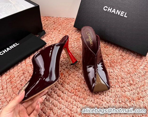 Buy Discount Chanel CC Burgundy Brown Patent Leather High Heeled Mules 6052401