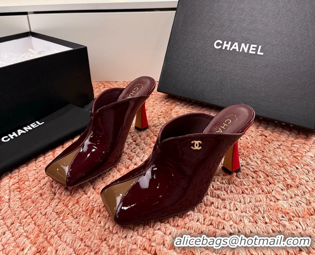 Buy Discount Chanel CC Burgundy Brown Patent Leather High Heeled Mules 6052401