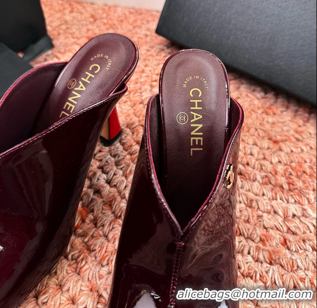 Buy Discount Chanel CC Burgundy Brown Patent Leather High Heeled Mules 6052401
