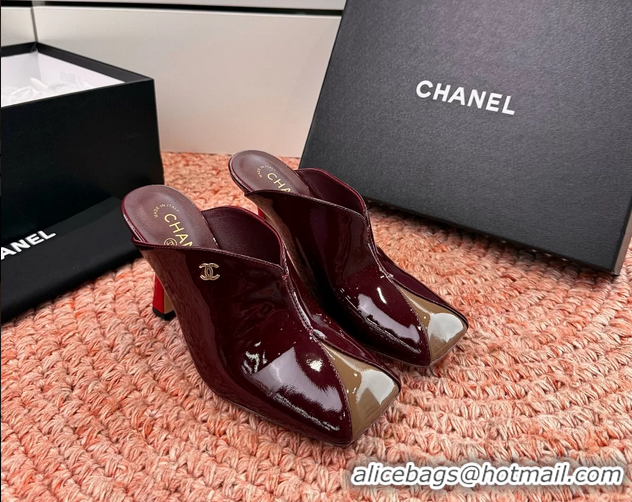 Buy Discount Chanel CC Burgundy Brown Patent Leather High Heeled Mules 6052401