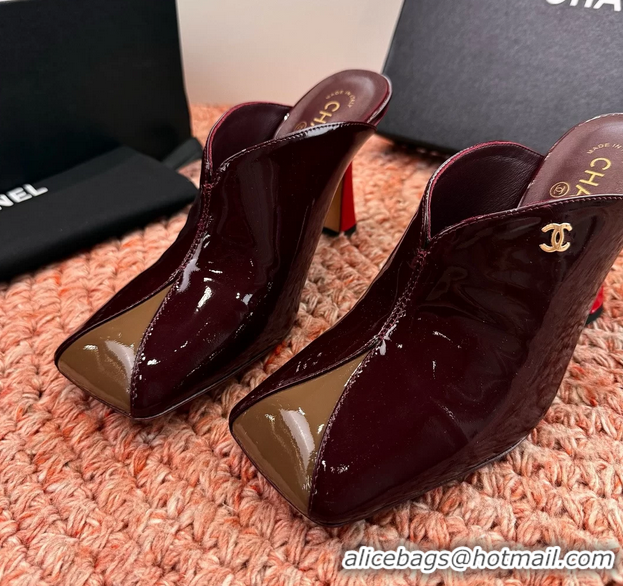 Buy Discount Chanel CC Burgundy Brown Patent Leather High Heeled Mules 6052401