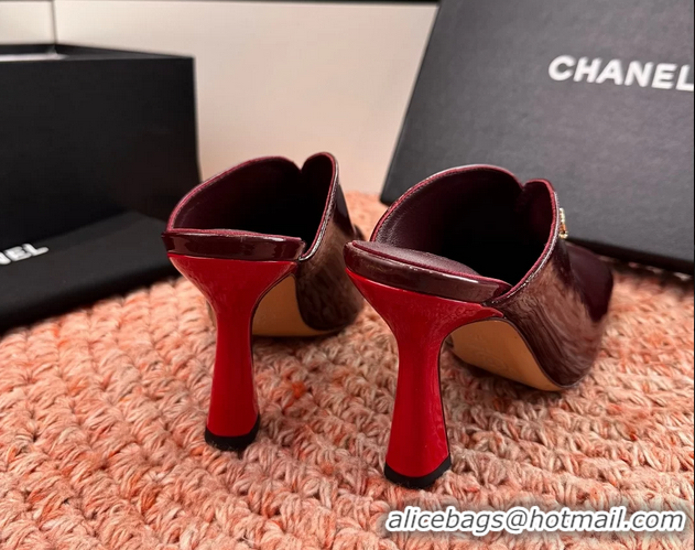Buy Discount Chanel CC Burgundy Brown Patent Leather High Heeled Mules 6052401