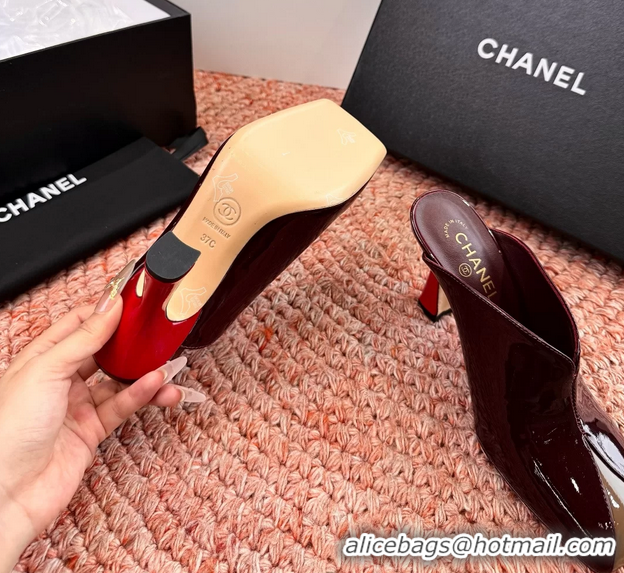 Buy Discount Chanel CC Burgundy Brown Patent Leather High Heeled Mules 6052401