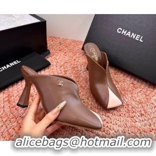 Stylish Chanel CC Brown Pink Calfskin Leather High Heeled Mules 6052401