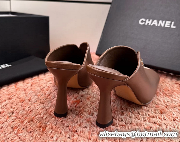 Stylish Chanel CC Brown Pink Calfskin Leather High Heeled Mules 6052401