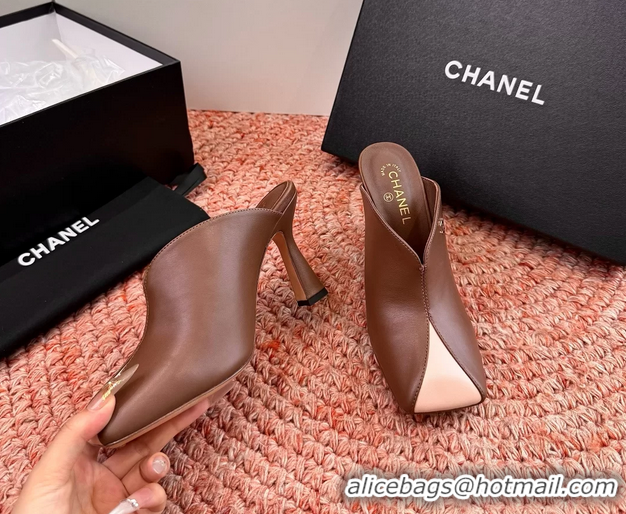 Stylish Chanel CC Brown Pink Calfskin Leather High Heeled Mules 6052401