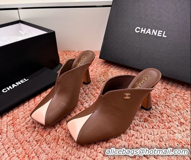 Stylish Chanel CC Brown Pink Calfskin Leather High Heeled Mules 6052401