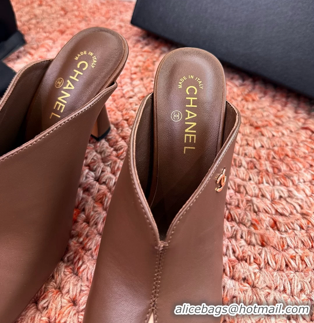 Stylish Chanel CC Brown Pink Calfskin Leather High Heeled Mules 6052401