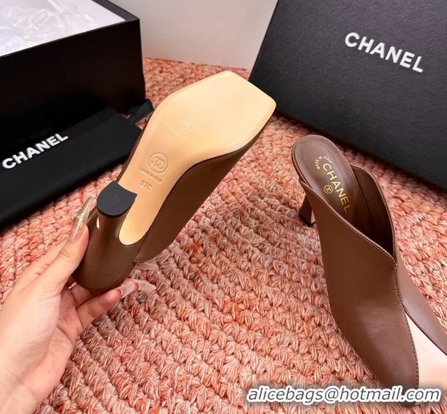 Stylish Chanel CC Brown Pink Calfskin Leather High Heeled Mules 6052401