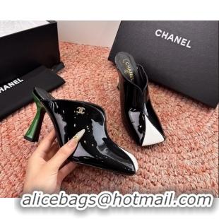 Sumptuous Chanel CC Black White Patent Leather High Heeled Mules 6052401