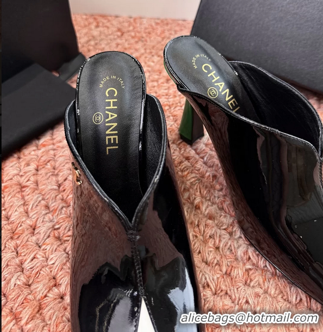 Sumptuous Chanel CC Black White Patent Leather High Heeled Mules 6052401