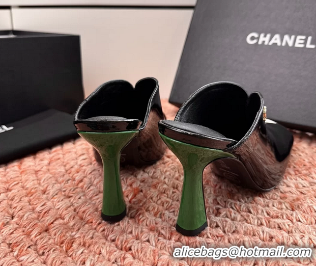 Sumptuous Chanel CC Black White Patent Leather High Heeled Mules 6052401
