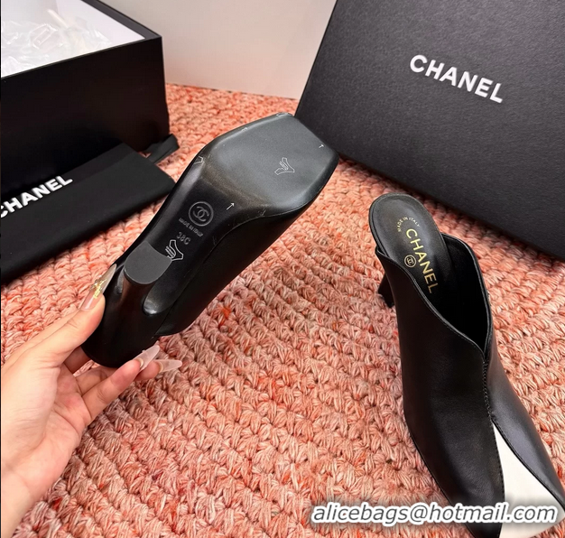 Perfect Chanel CC Black Calfskin Leather High Heeled Mules 6052401
