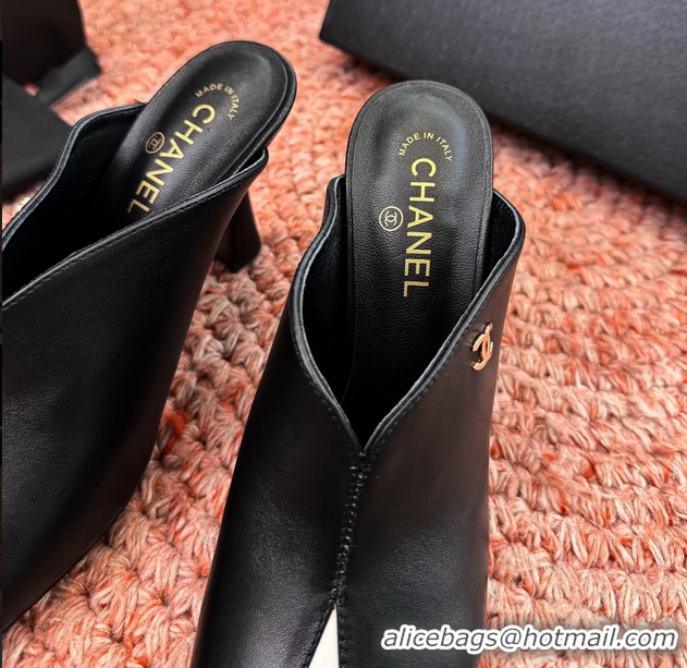Perfect Chanel CC Black Calfskin Leather High Heeled Mules 6052401