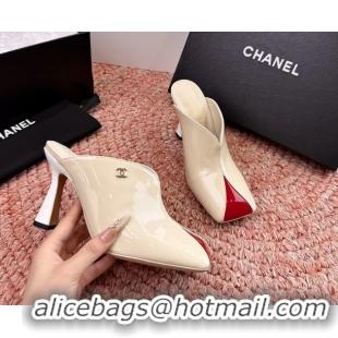 Crafted Chanel CC Beige Red Patent Leather High Heeled Mules 6052401