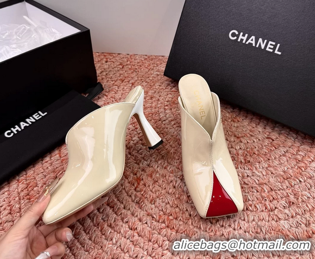 Crafted Chanel CC Beige Red Patent Leather High Heeled Mules 6052401