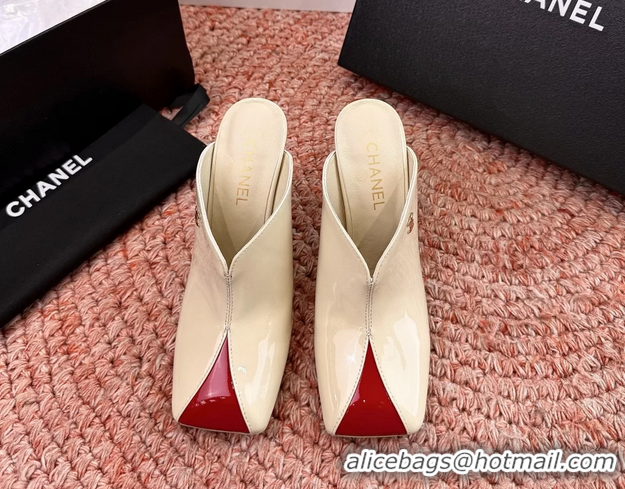 Crafted Chanel CC Beige Red Patent Leather High Heeled Mules 6052401