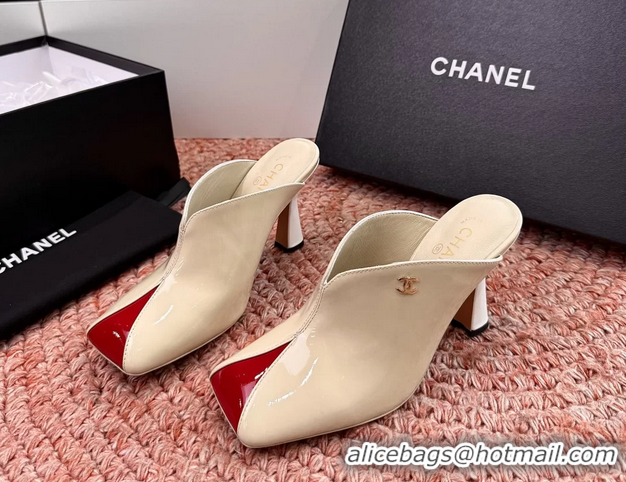 Crafted Chanel CC Beige Red Patent Leather High Heeled Mules 6052401