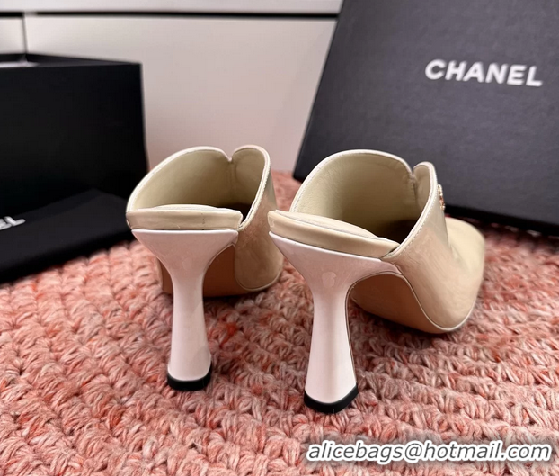 Crafted Chanel CC Beige Red Patent Leather High Heeled Mules 6052401
