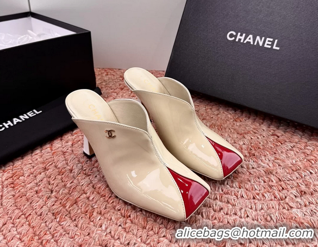 Crafted Chanel CC Beige Red Patent Leather High Heeled Mules 6052401