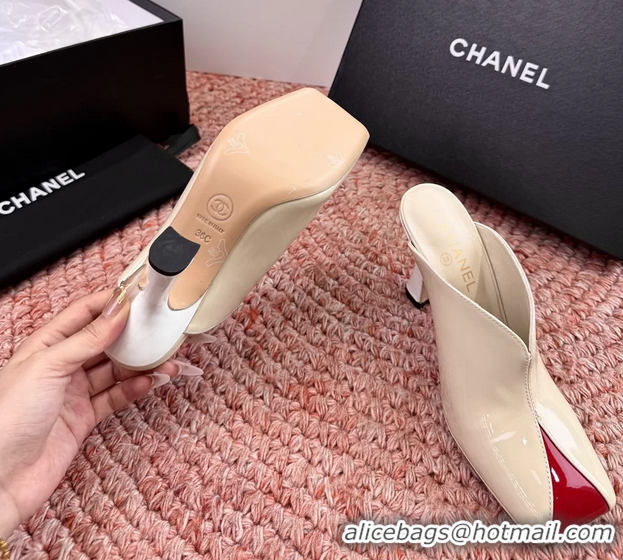 Crafted Chanel CC Beige Red Patent Leather High Heeled Mules 6052401