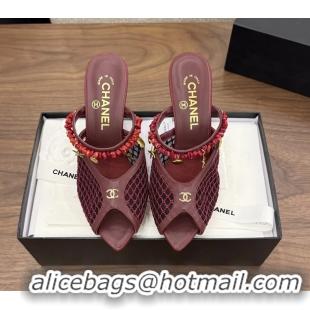 Unique Style Chanel High Heeled Mules Sandals Red Mesh Cotton and Lambskin 80MM 6052402