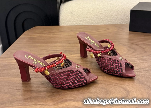 Unique Style Chanel High Heeled Mules Sandals Red Mesh Cotton and Lambskin 80MM 6052402