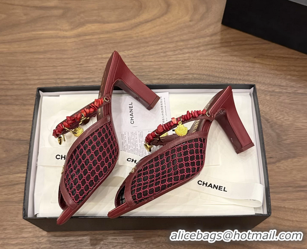 Unique Style Chanel High Heeled Mules Sandals Red Mesh Cotton and Lambskin 80MM 6052402