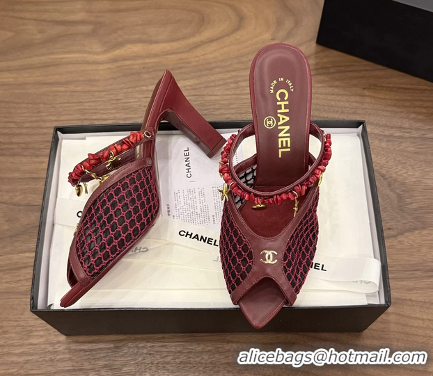 Unique Style Chanel High Heeled Mules Sandals Red Mesh Cotton and Lambskin 80MM 6052402
