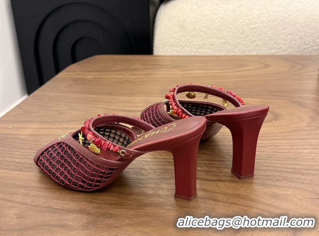 Unique Style Chanel High Heeled Mules Sandals Red Mesh Cotton and Lambskin 80MM 6052402