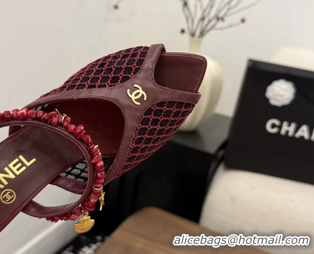 Unique Style Chanel High Heeled Mules Sandals Red Mesh Cotton and Lambskin 80MM 6052402