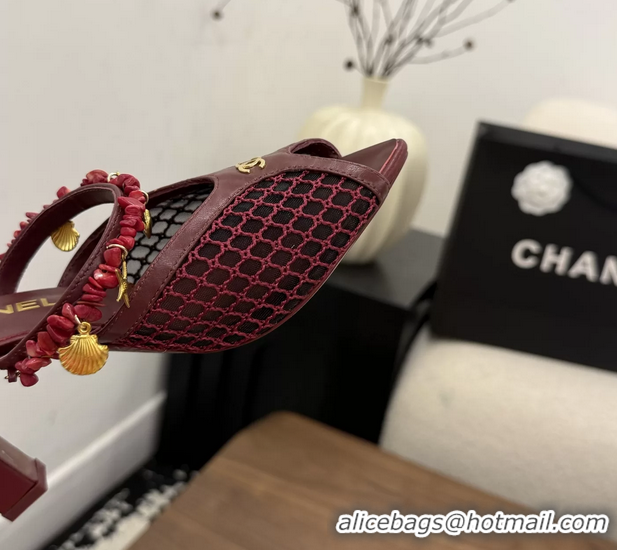 Unique Style Chanel High Heeled Mules Sandals Red Mesh Cotton and Lambskin 80MM 6052402