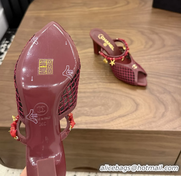 Unique Style Chanel High Heeled Mules Sandals Red Mesh Cotton and Lambskin 80MM 6052402
