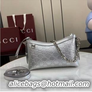Grade Design Gucci GG Emblem Small Shoulder Bag With Chain 851631 Silver