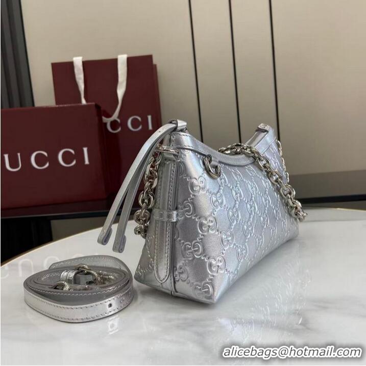 Grade Design Gucci GG Emblem Small Shoulder Bag With Chain 851631 Silver