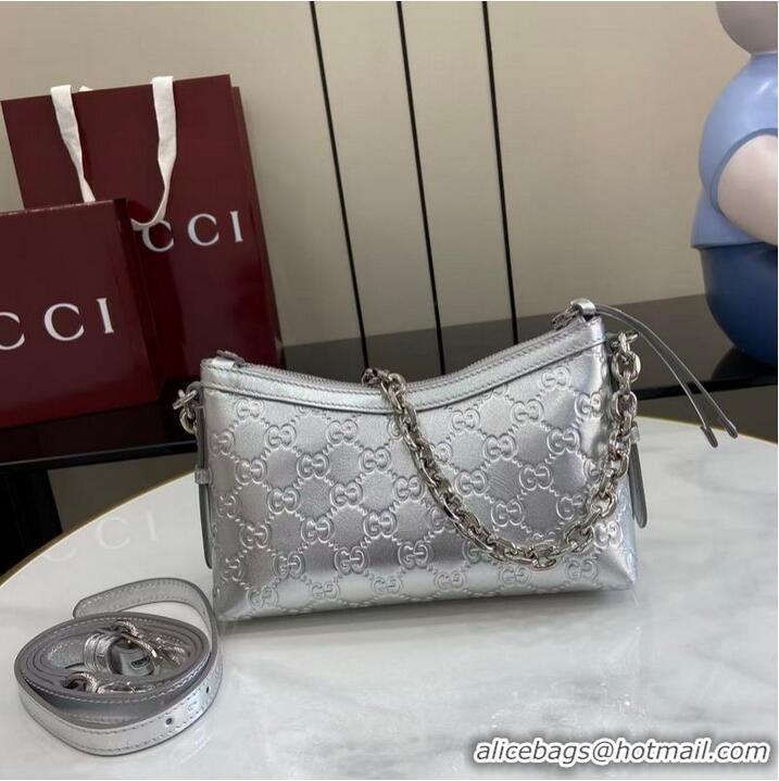 Grade Design Gucci GG Emblem Small Shoulder Bag With Chain 851631 Silver