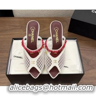 Best Quality Chanel High Heeled Mules Sandals Ivory White Mesh Cotton and Lambskin 80MM 6052402