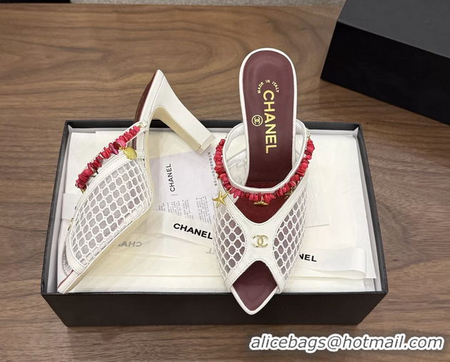 Best Quality Chanel High Heeled Mules Sandals Ivory White Mesh Cotton and Lambskin 80MM 6052402