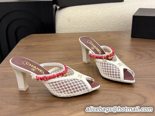 Best Quality Chanel High Heeled Mules Sandals Ivory White Mesh Cotton and Lambskin 80MM 6052402