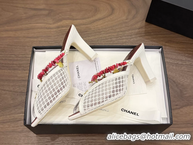 Best Quality Chanel High Heeled Mules Sandals Ivory White Mesh Cotton and Lambskin 80MM 6052402