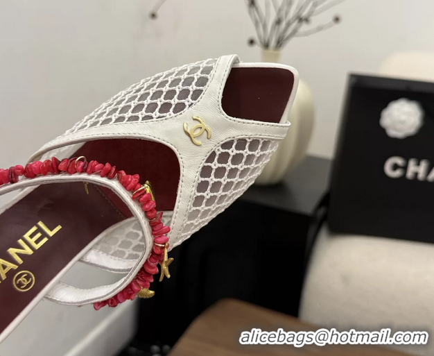 Best Quality Chanel High Heeled Mules Sandals Ivory White Mesh Cotton and Lambskin 80MM 6052402