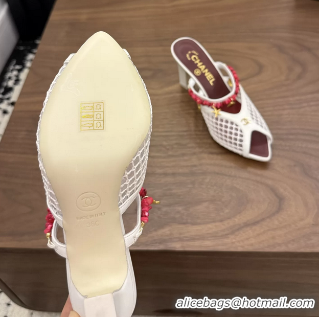 Best Quality Chanel High Heeled Mules Sandals Ivory White Mesh Cotton and Lambskin 80MM 6052402