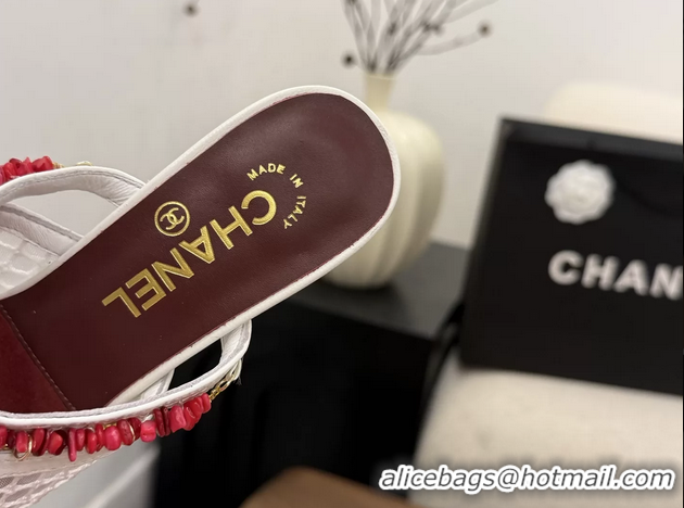 Best Quality Chanel High Heeled Mules Sandals Ivory White Mesh Cotton and Lambskin 80MM 6052402
